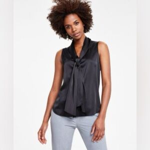 Spense Tie Neck Shawl Collar Sleeveless Satin Blouse Top sz Medium Dark Gray